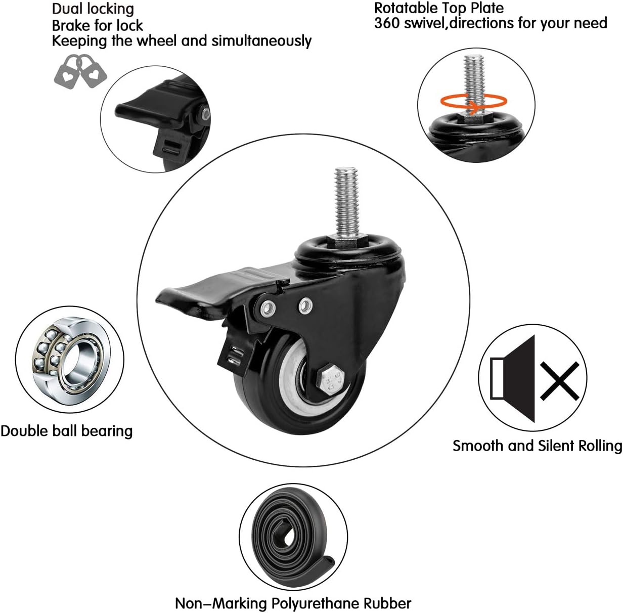 2" Stem Caster Wheels with Safety Dual Locking 600Lbs Heavy Duty Threaded Stem Casters No Noise Swivel Castors with
