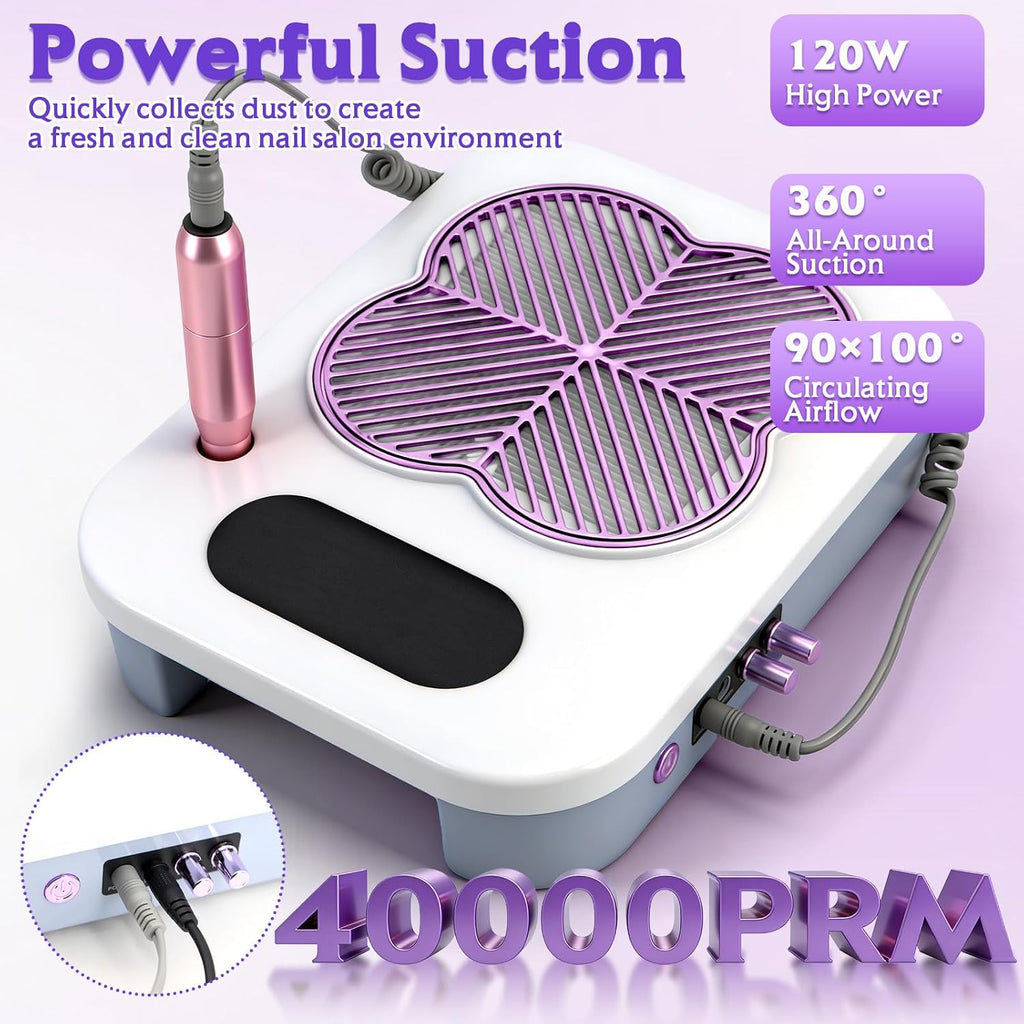 3 in 1 Nail Dust Collector with Drill Lamp Professional,40000RPM Electric Nail Drill Bits Efile Kit with Stepless