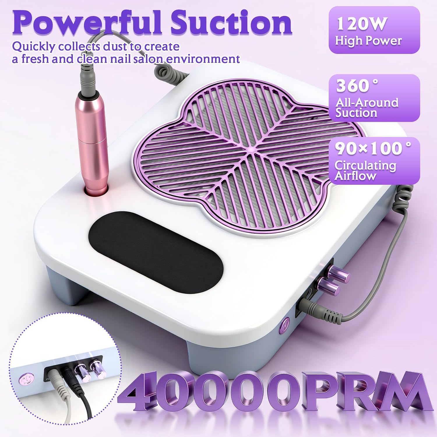 3 in 1 Nail Dust Collector with Drill Lamp Professional,40000RPM Electric Nail Drill Bits Efile Kit with Stepless
