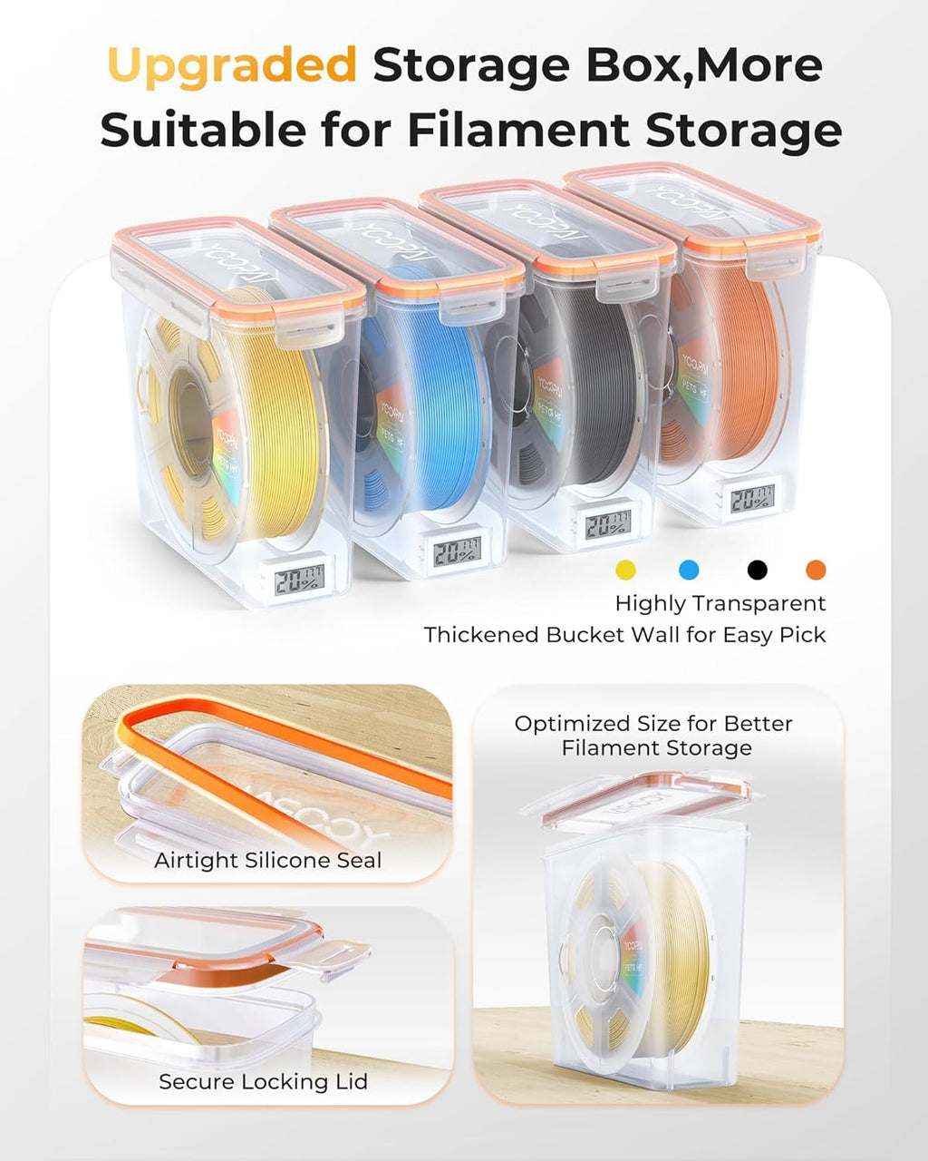 Pro Filament Storage Box with Temperature & Humidity Monitor, Airtight Filament Storage Container with Desiccant for