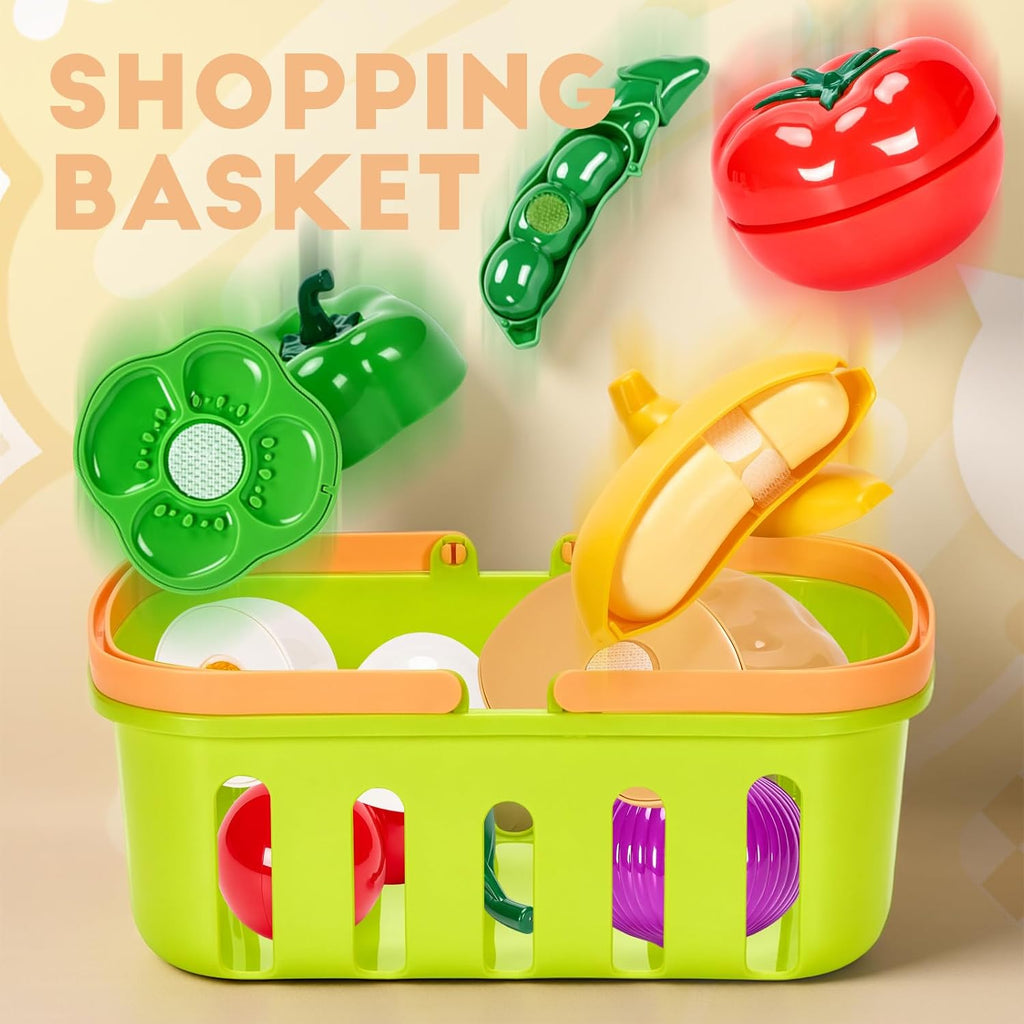 Cutting Play Food Toys, 25 Pieces Pretend Play Kitchen Accessories, Fake Fruits/Vegetables Set with Shopping Storage