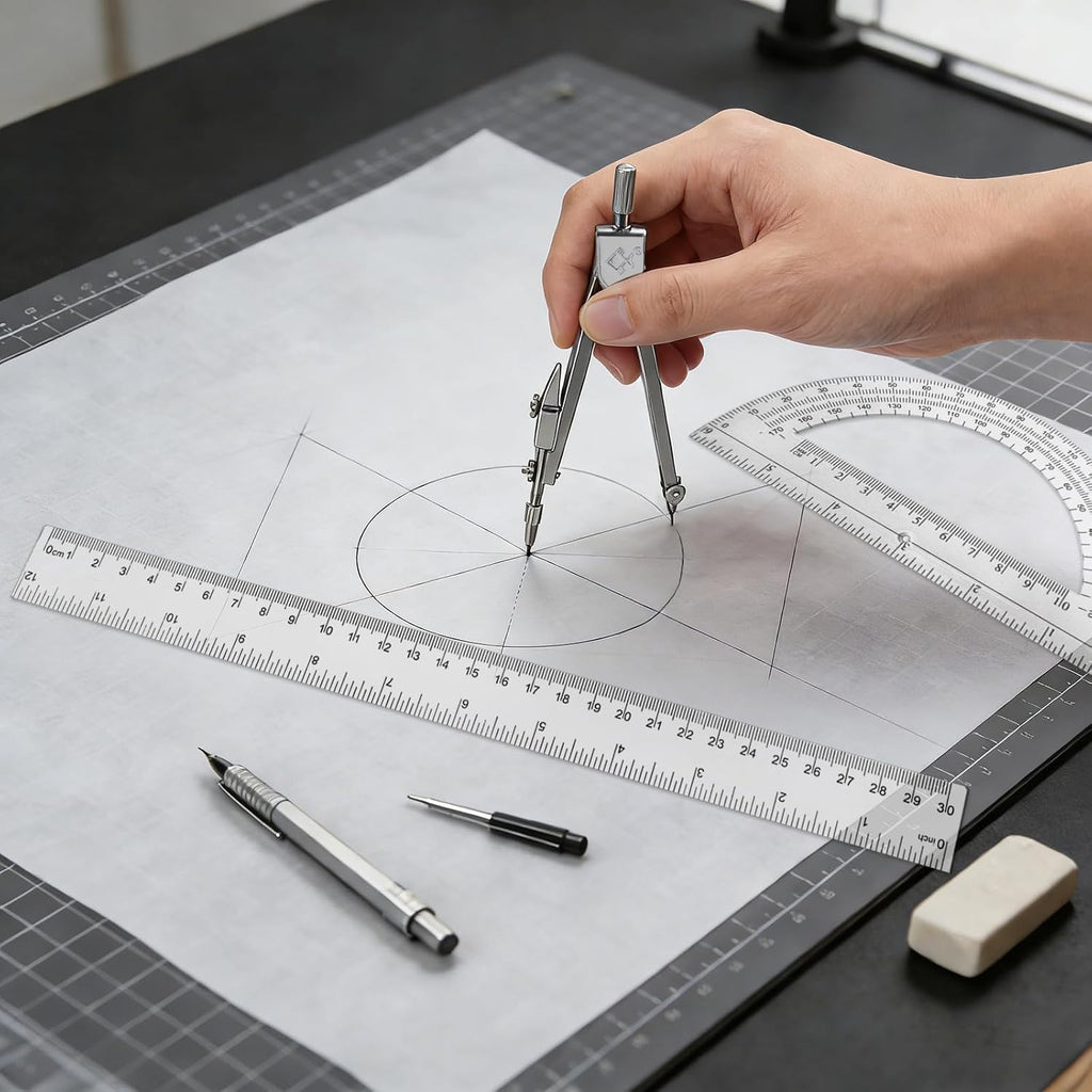 3 Packs Plastic 12 Inch Ruler,6 Inch Clear Protractor and Compasses Set Student Geometry Math Set for Classroom Set