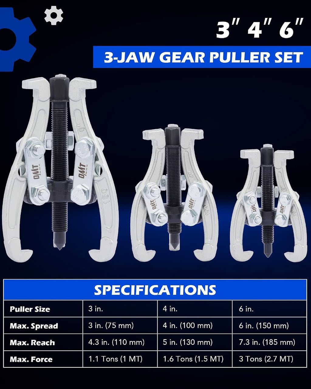 OMT 3" 4" 6" Gear Puller Set, 3 Jaw Puller with Reversible Jaws