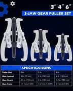 OMT 3" 4" 6" Gear Puller Set, 3 Jaw Puller with Reversible Jaws