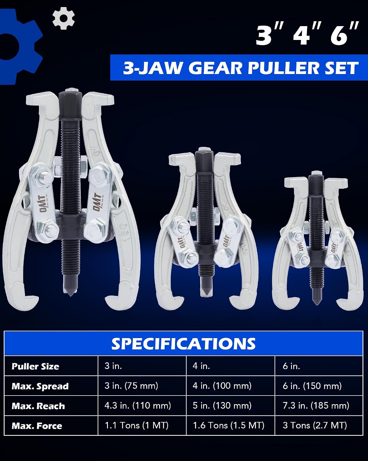 OMT 3" 4" 6" Gear Puller Set, 3 Jaw Puller with Reversible Jaws