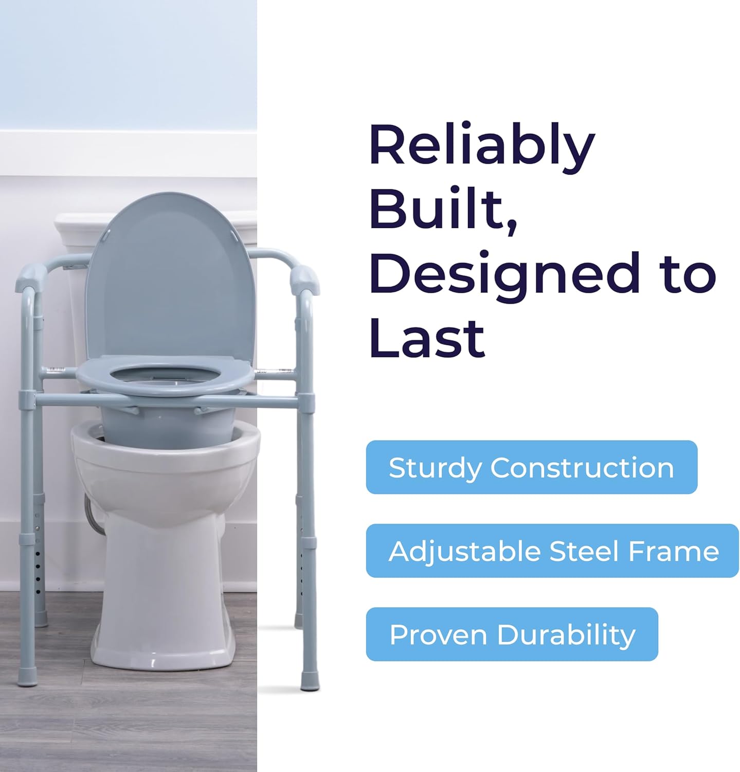 Folding Steel Bedside Commode Chair - Portable 3-in-1 Toilet Solution - Adjustable Height - 7.5 Qt Bucket Included