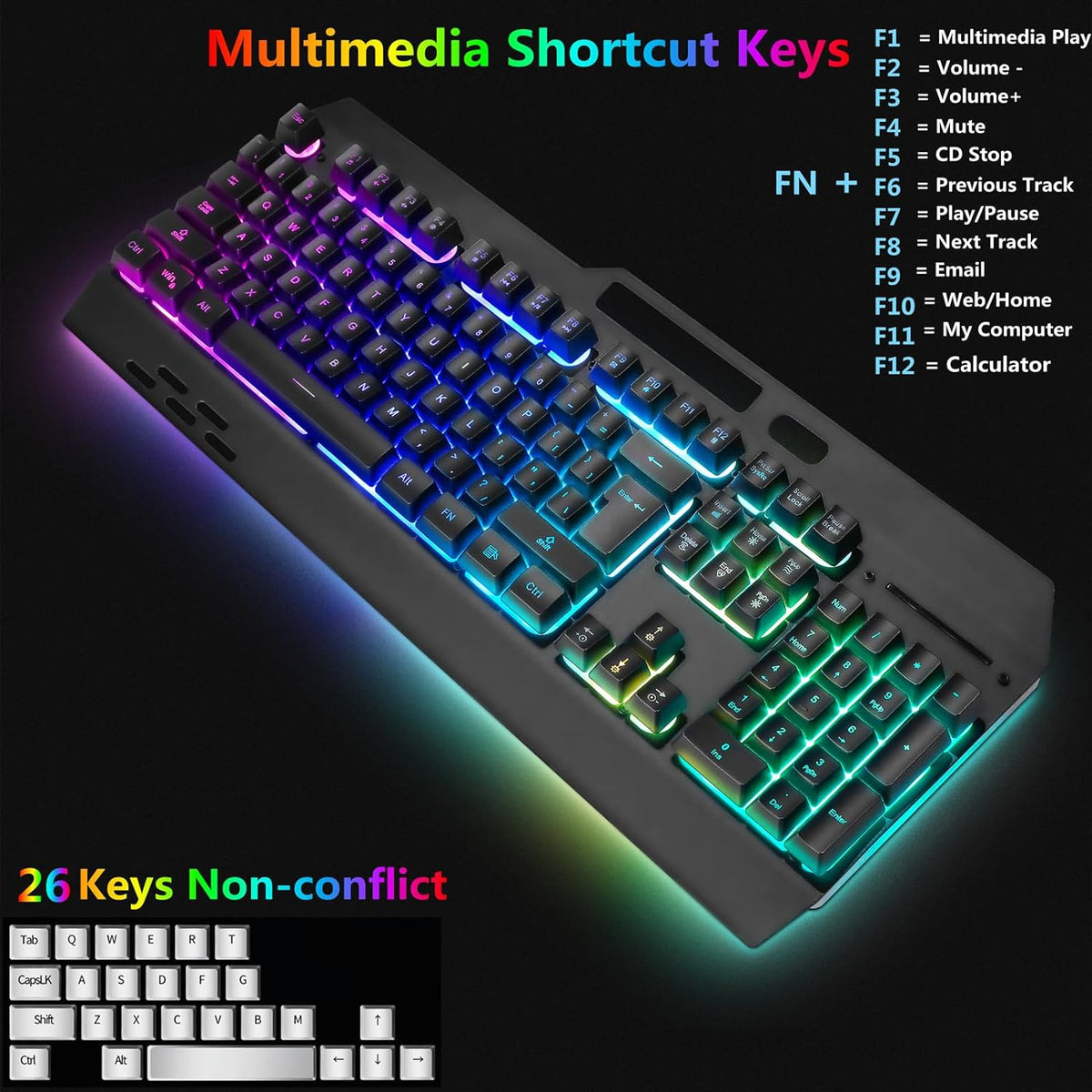 Wireless RGB Gaming Keyboard and Mouse - Rechargeable Backlit,Long Battery Life,Metal Panel Mechanical Feel with Palm