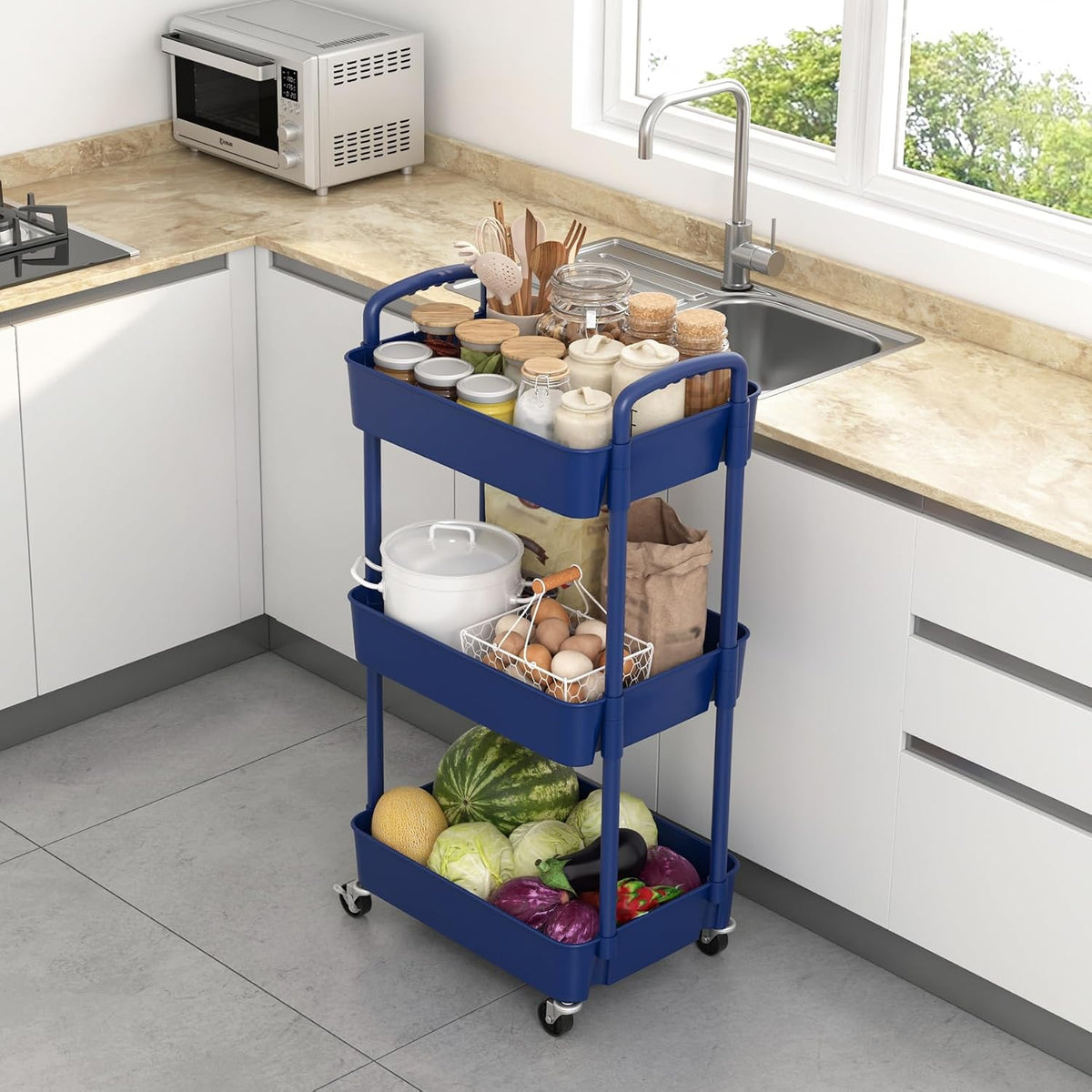 3-Tier Plastic Rolling Utility Cart with Wheels for Storage,Blue
