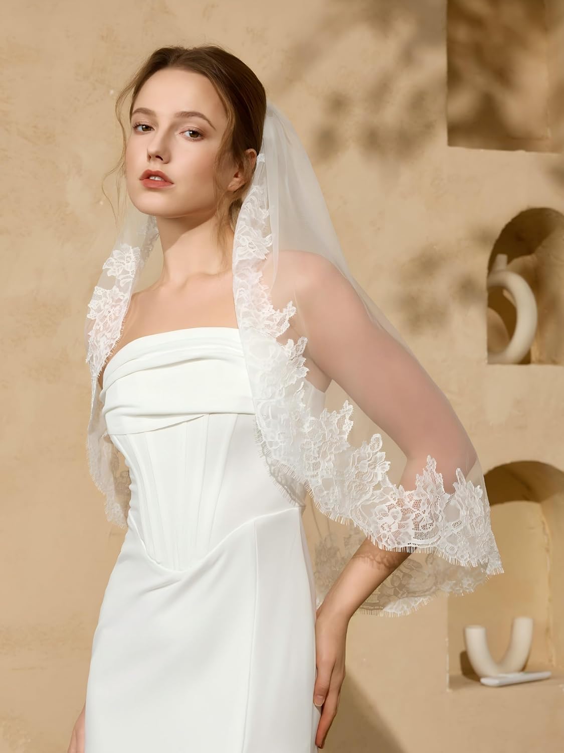 1 Tier Lace Wedding Veil Metal Comb for Brides Ivory & White