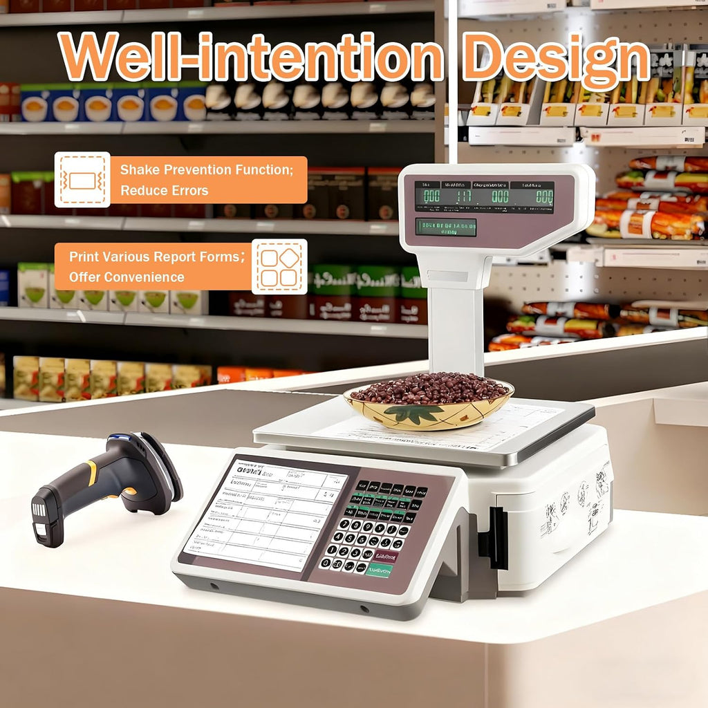 Commercial Digital Price Computing,Scale with Label Printer,Pole Display 66lb Weighing Range for Supermarket, Deli
