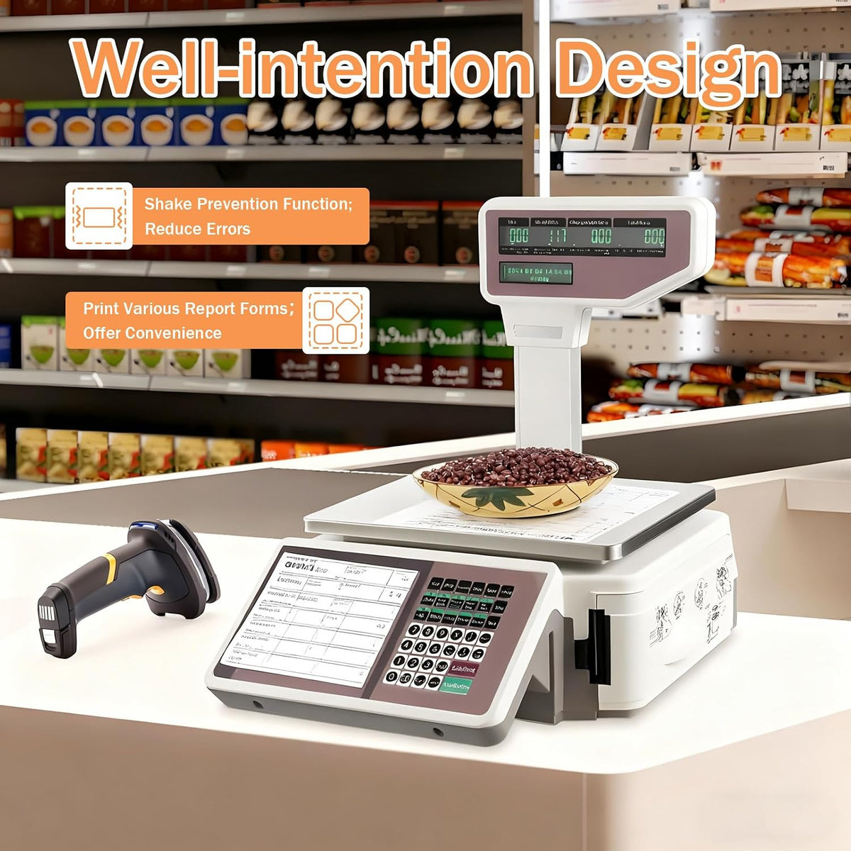 Commercial Digital Price Computing,Scale with Label Printer,Pole Display 66lb Weighing Range for Supermarket, Deli