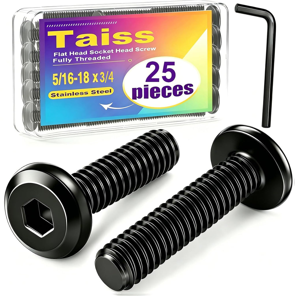 Taiss 25pcs 5/16-18x3/4 Flat Head Socket Head Screw,Furniture Bolts,Furniture Screws 304 Stainless Steel,5/16 Bolts Black Zinc Plated Fully Threaded,Countersunk Connector Screws with Hex Spanner