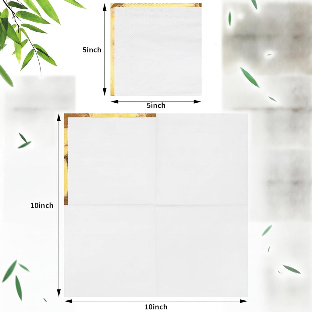 100 Pack 2 Ply Cocktail Napkins Gold Foil Edge 5x5 In,White