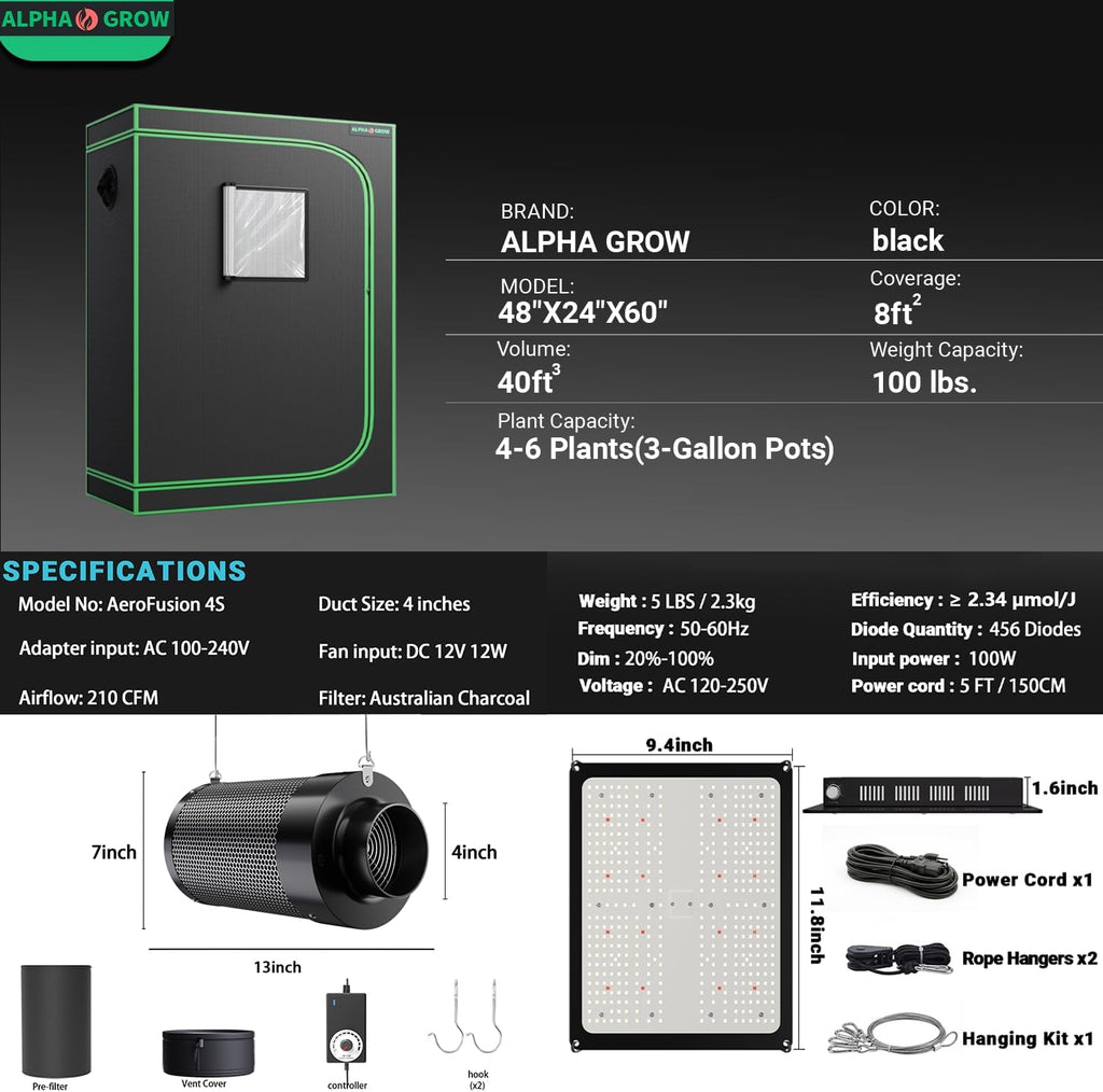 2x4 Complete Grow Tent Kit with LED Grow Light and Fan Filter, 48"x24"x60" 1680D Mylar Indoor Grow Tent System with