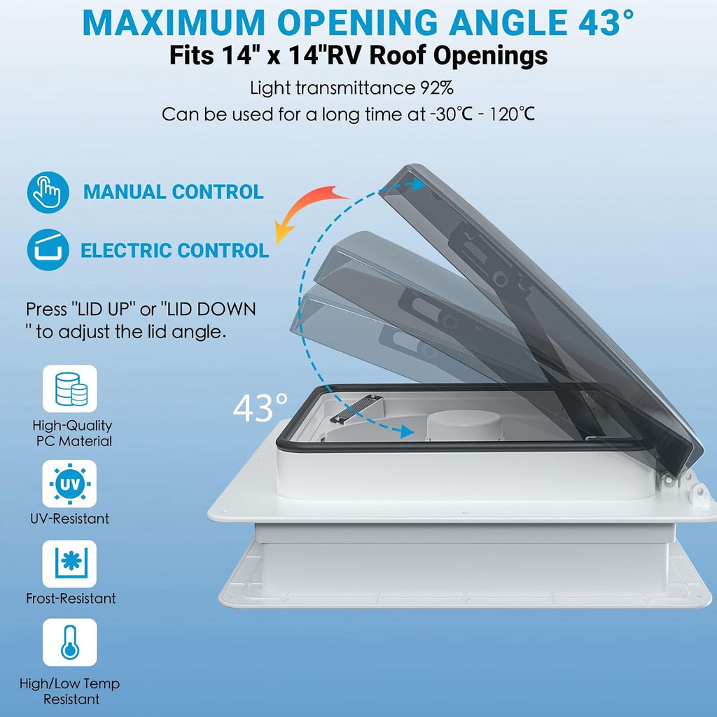 RV Roof Vent Fan 14x14, Quiet 12V(24V Max) with Remote Control &Rain Sensor
