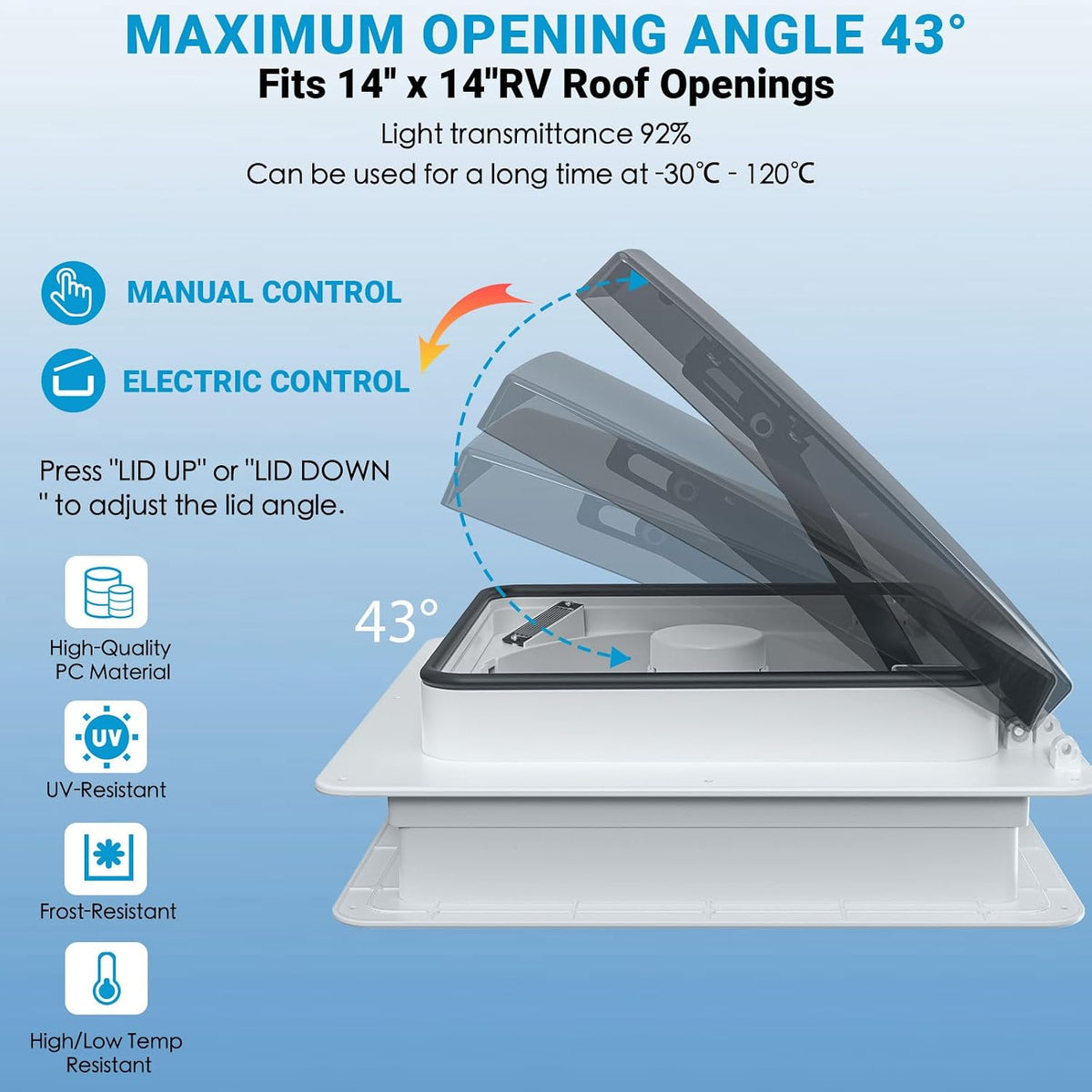 RV Roof Vent Fan 14x14, Quiet 12V(24V Max) with Remote Control &Rain Sensor