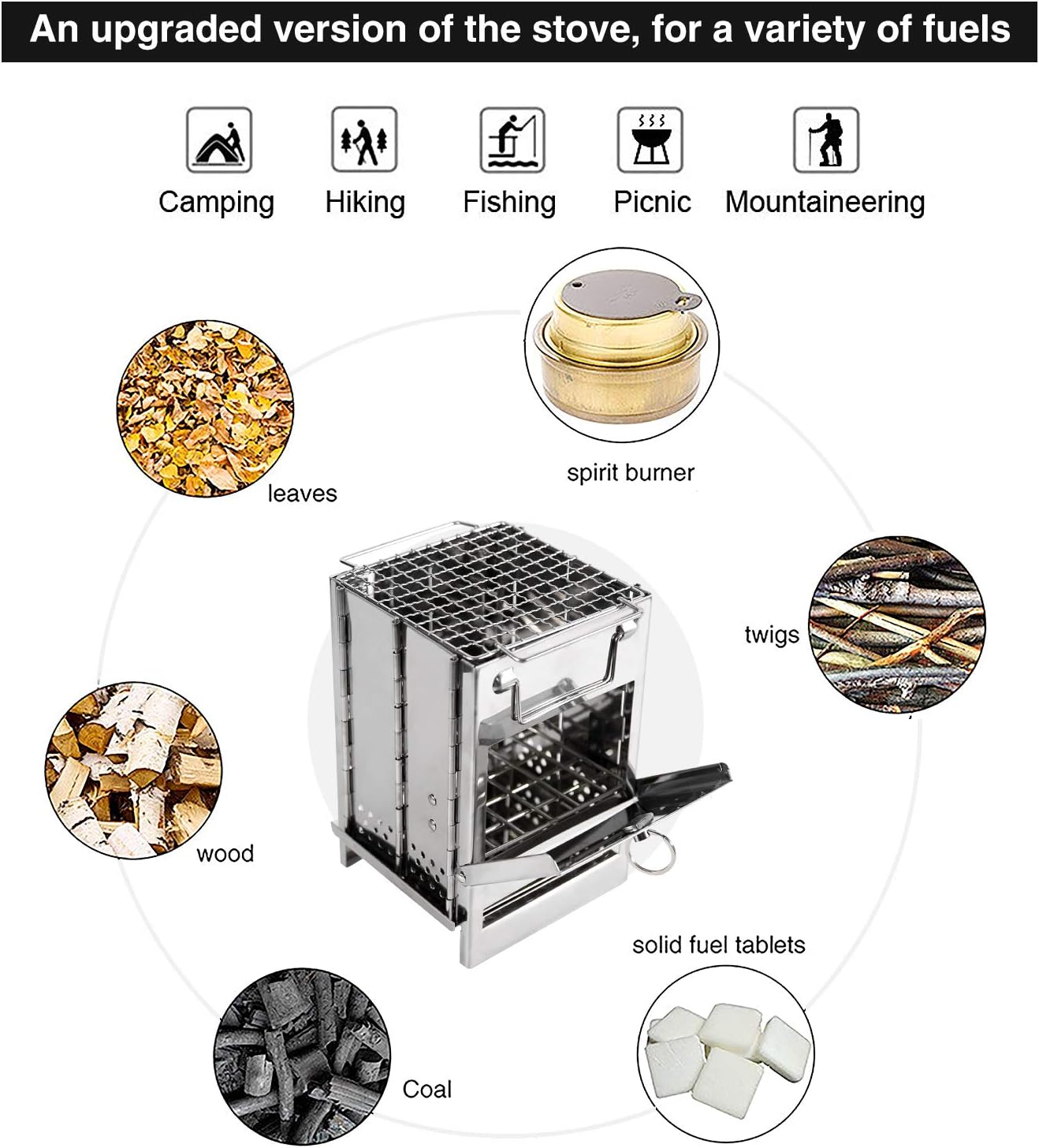 Wood Burning Folding Camp Stove Stainless Steel Grid, Portable Collapsible Backpacking Stove Survival Rocket Stove