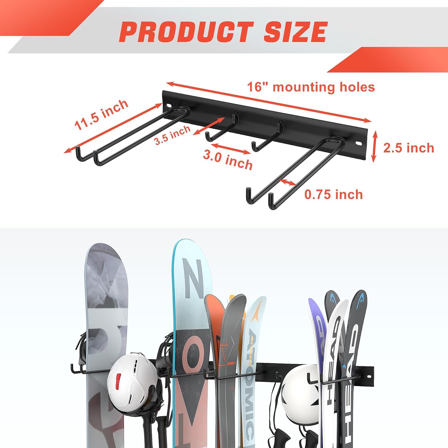 Wall Mounted Ski Rack, Indoor Ski Hangers for Garage | Ski Storage for Home, One-piece Design, Wall Mount Ski Holder
