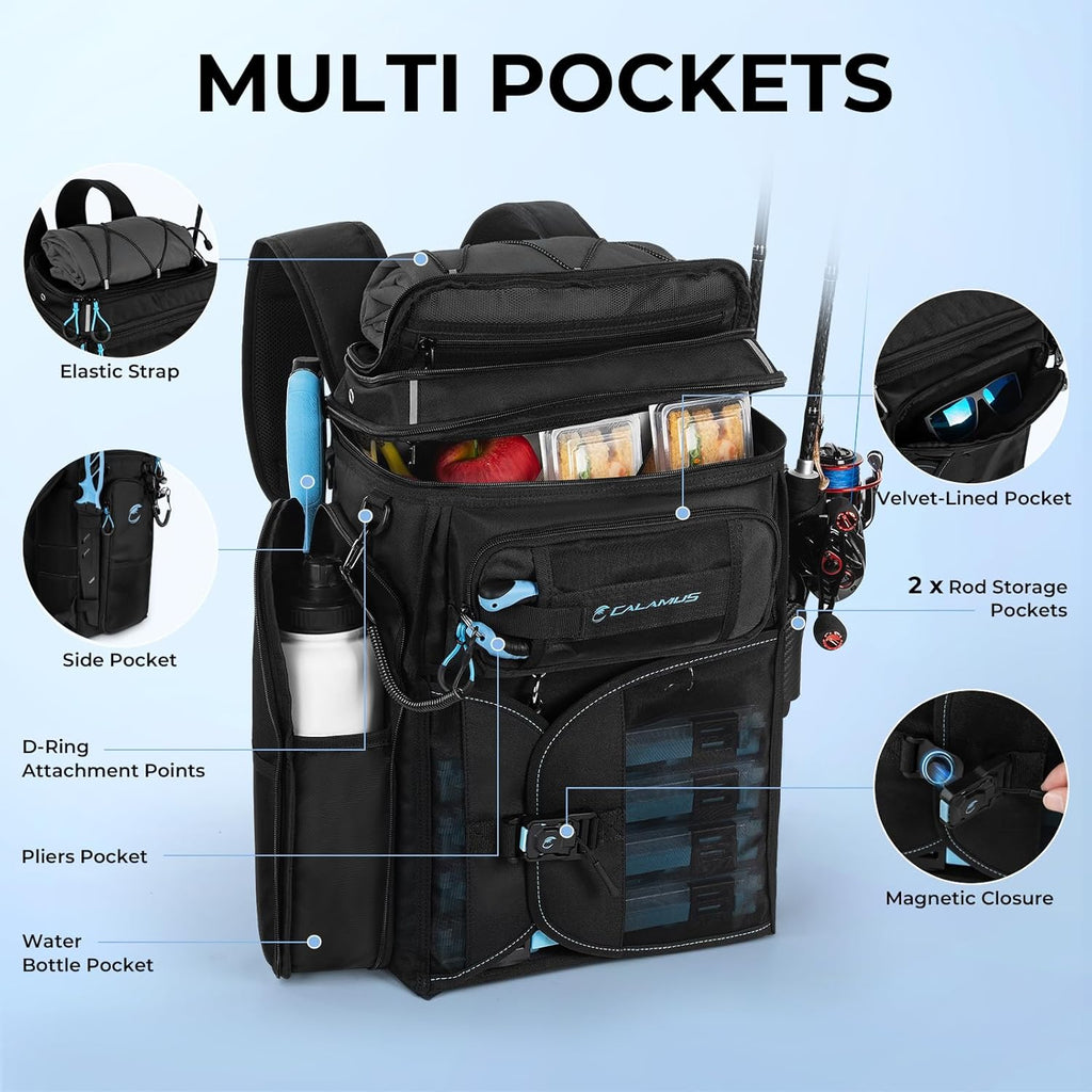GearMaster Tackle Backpack with Bait Binder, Large Lightweight Water-Resistant Fishing Bag, Rod Holders, Food Storage