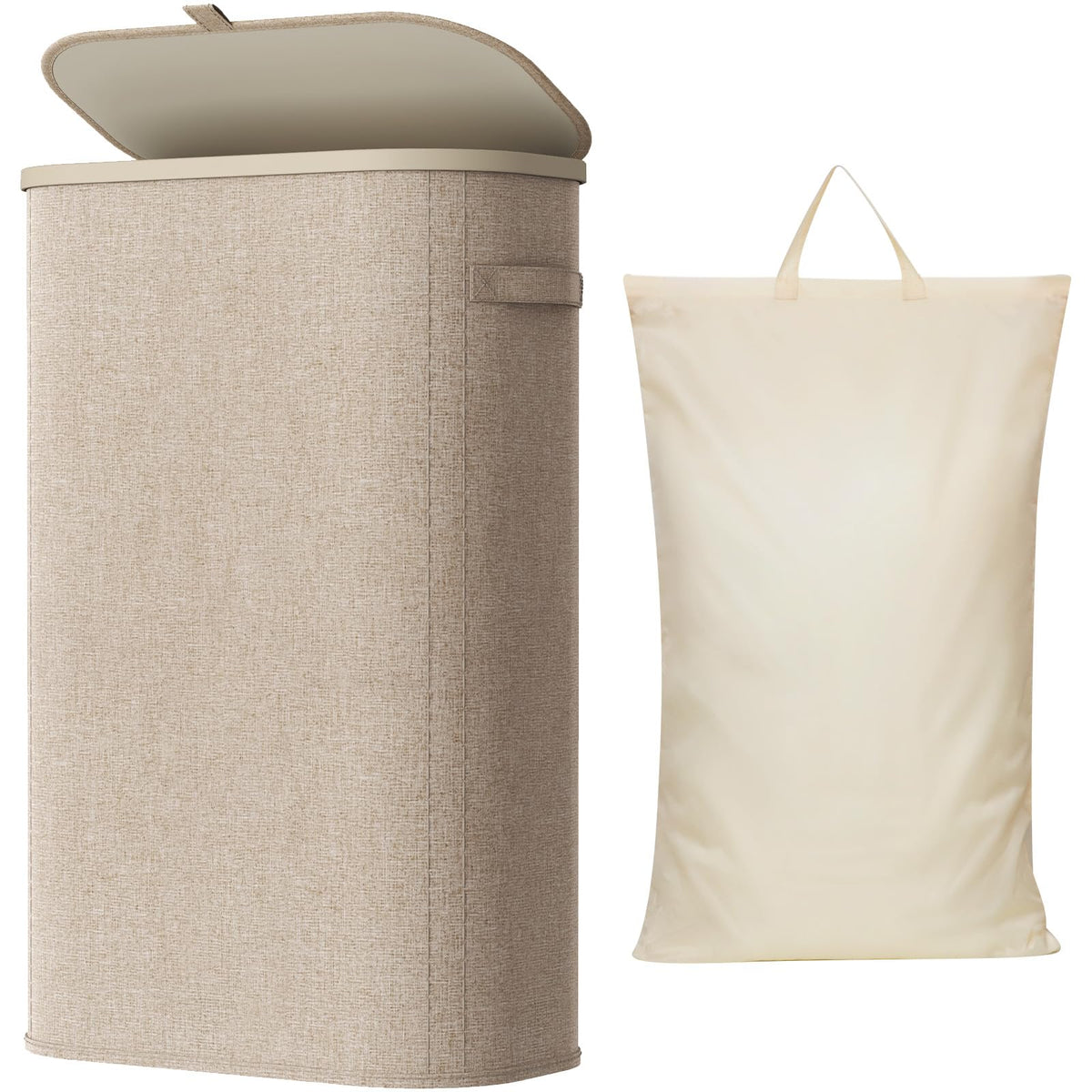 Slim Laundry Basket with Lid and Removable Bag, 65L, Beige