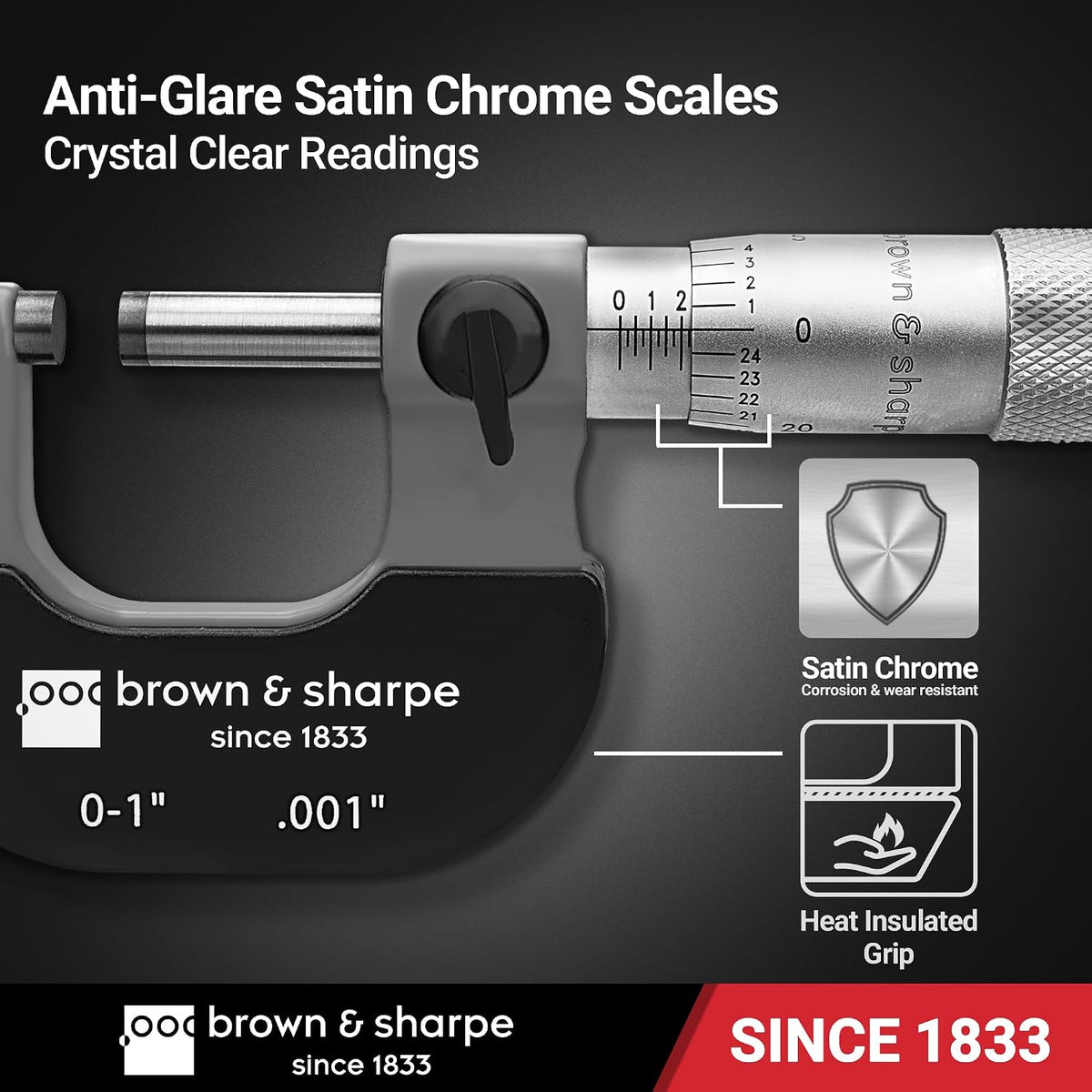 Brown & Sharpe 0-1" Outside Micrometer, 0.001" Graduation, Carbide Faces