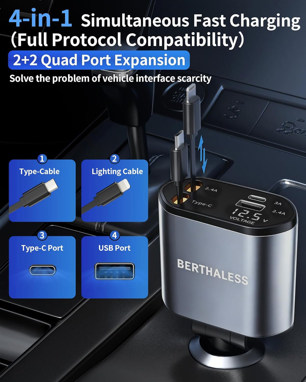 Retractable Car Charger, 4 in 1 Fast Charging Car Charger with USB-C & USB-A, Compatible with iPhone
