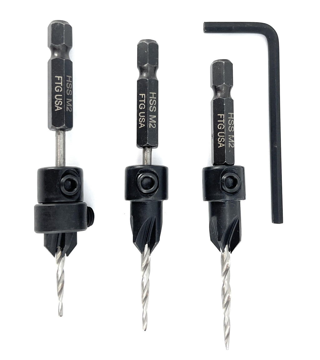 FTG USA 3 Pc #4 (7/64") Countersink Drill Bit Set with Tapered Drill Bits
