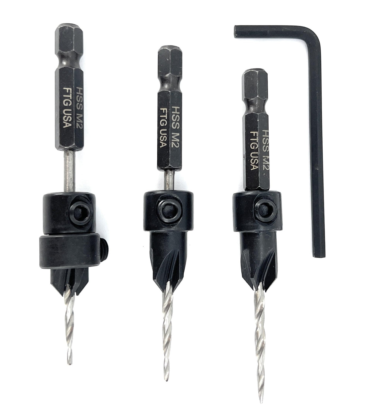 FTG USA 3 Pc #4 (7/64") Countersink Drill Bit Set with Tapered Drill Bits