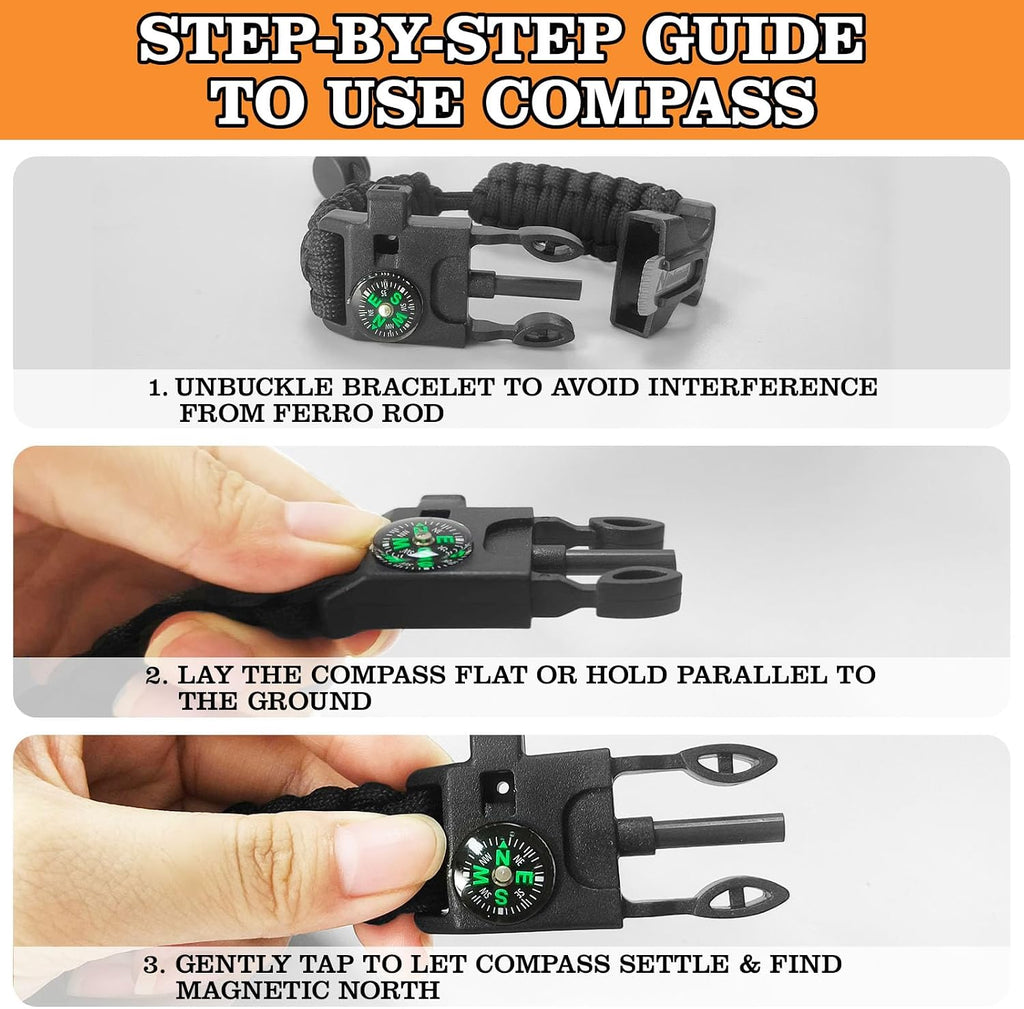 Paracord Survival Bracelet (3 Pack) - Adjustable with Fire Starter, Whistle, Compass - Survival Gear for Hiking