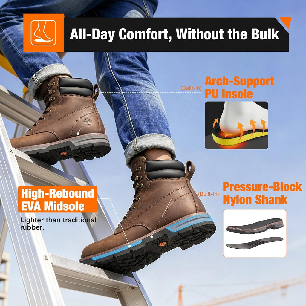 Steel Toe Work Boots for Men, Water Resistant Crazy Horse Leather | Comfortable Lightweight Non Slip Work Shoes, EH