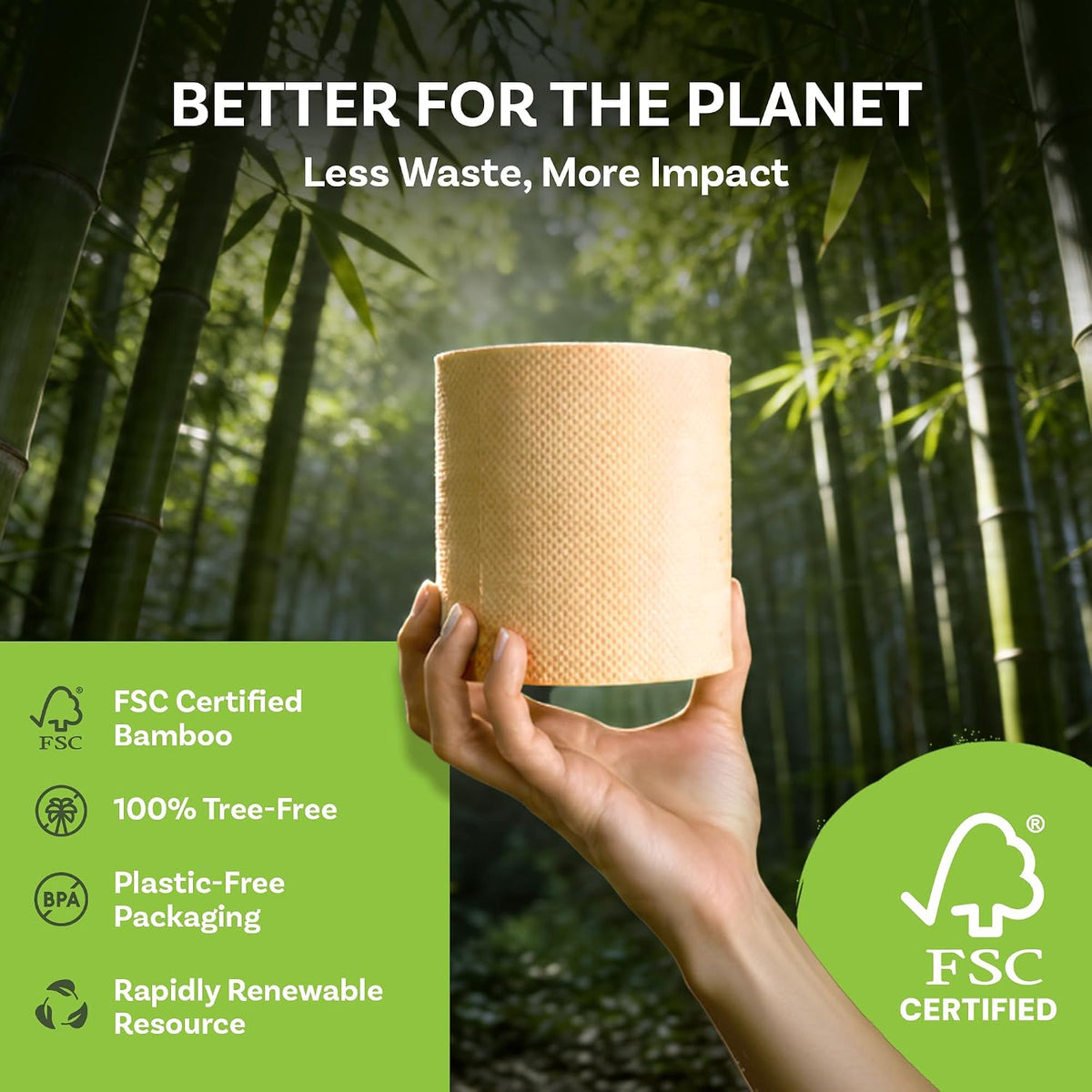 Bamboo Toilet Paper Unbleached, 24 Rolls, 3 Ply and 300 Sheets Bamboo Toilet Tissue - FSC Certified, Biodegradable