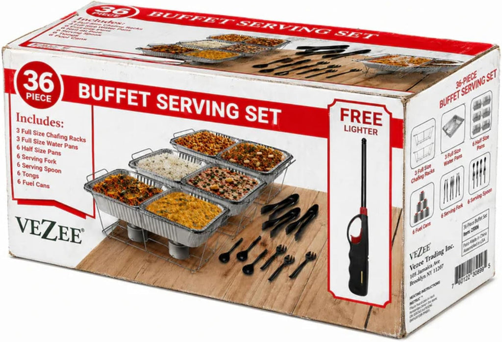 36 Piece Disposable Chafing Dish Buffet Serving Set with 3 Water Pans, 6 Half Size Food Pans, 3 Wire Racks, 6 Fuel