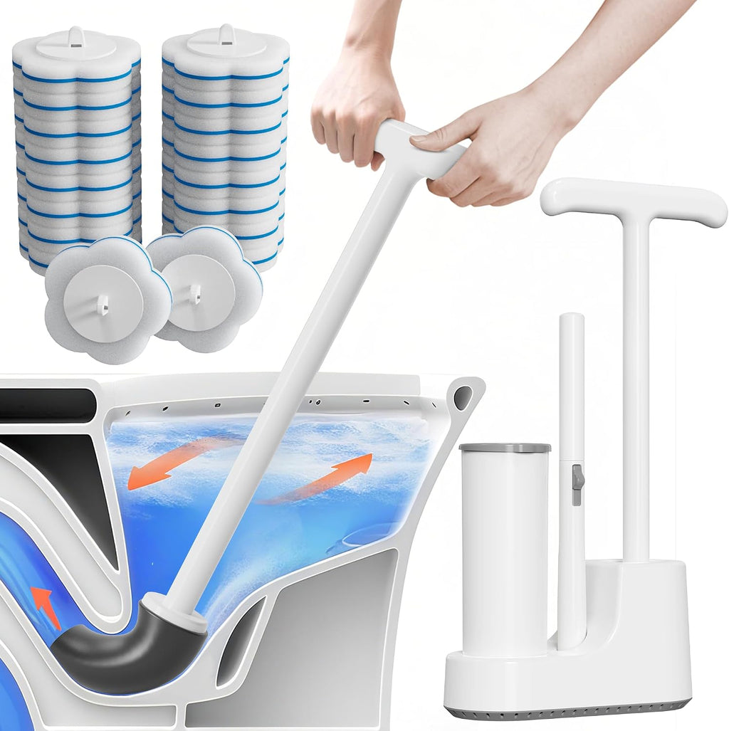Disposable Toilet Brush and Plunger Set, Dual Handdle Toilet Plunger, All-in-1 Bathroom Cleaning Kit with 18PCS