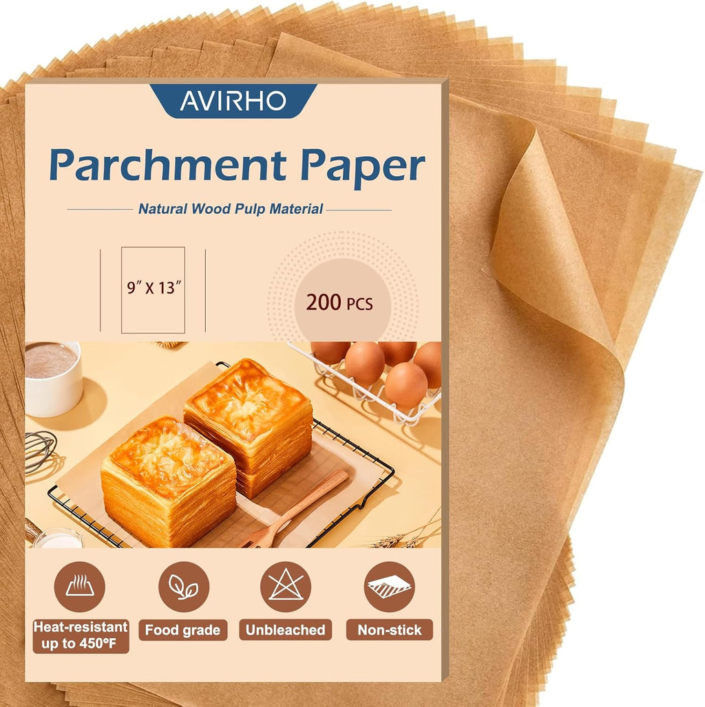 Parchment Paper Sheets 9x13 Inch – 200Pcs Precut Unbleached Baking Paper, Plant-Based Silicone Oil Coating, Non-Stick