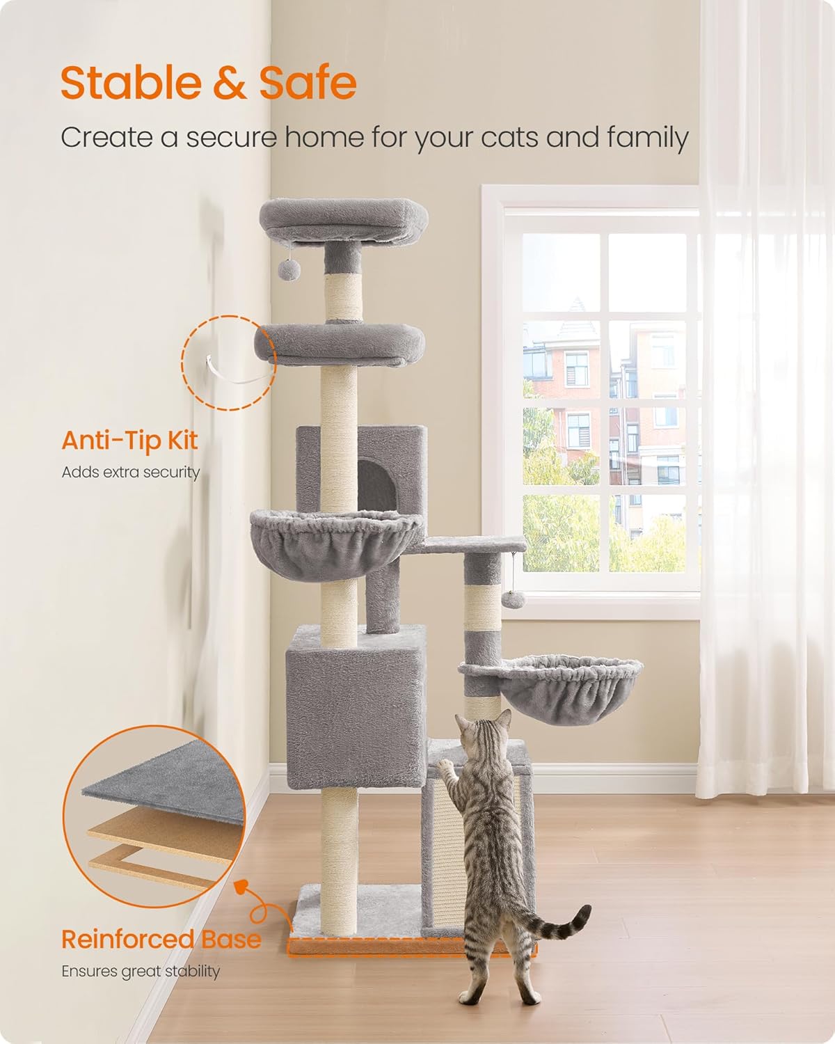 Cat Tree, 68.5-Inch Tall Cat Tower, Multi-Level Plush Condo with Large Perch, Scratching Posts, Double Caves, Dove