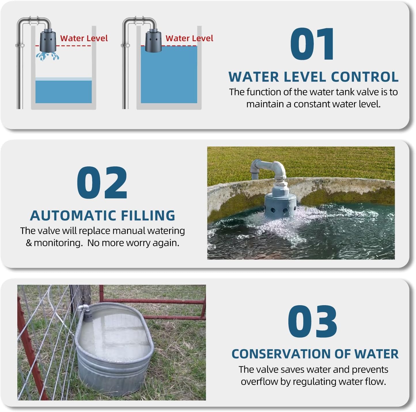 Water Tank Float Valve, Automatic Water Level Control FloatValve, WaterTrough Float Valve for Livestock, Pools, Ponds