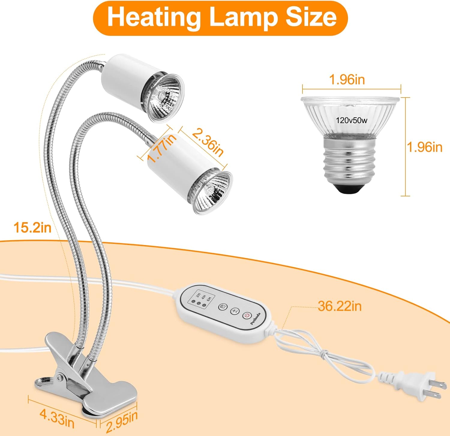 Reptile Heat Lamp, Dual Head Reptile Light with Cycle Timer, Dimmable UVA/UVB Basking Light for Turtle Tortoise
