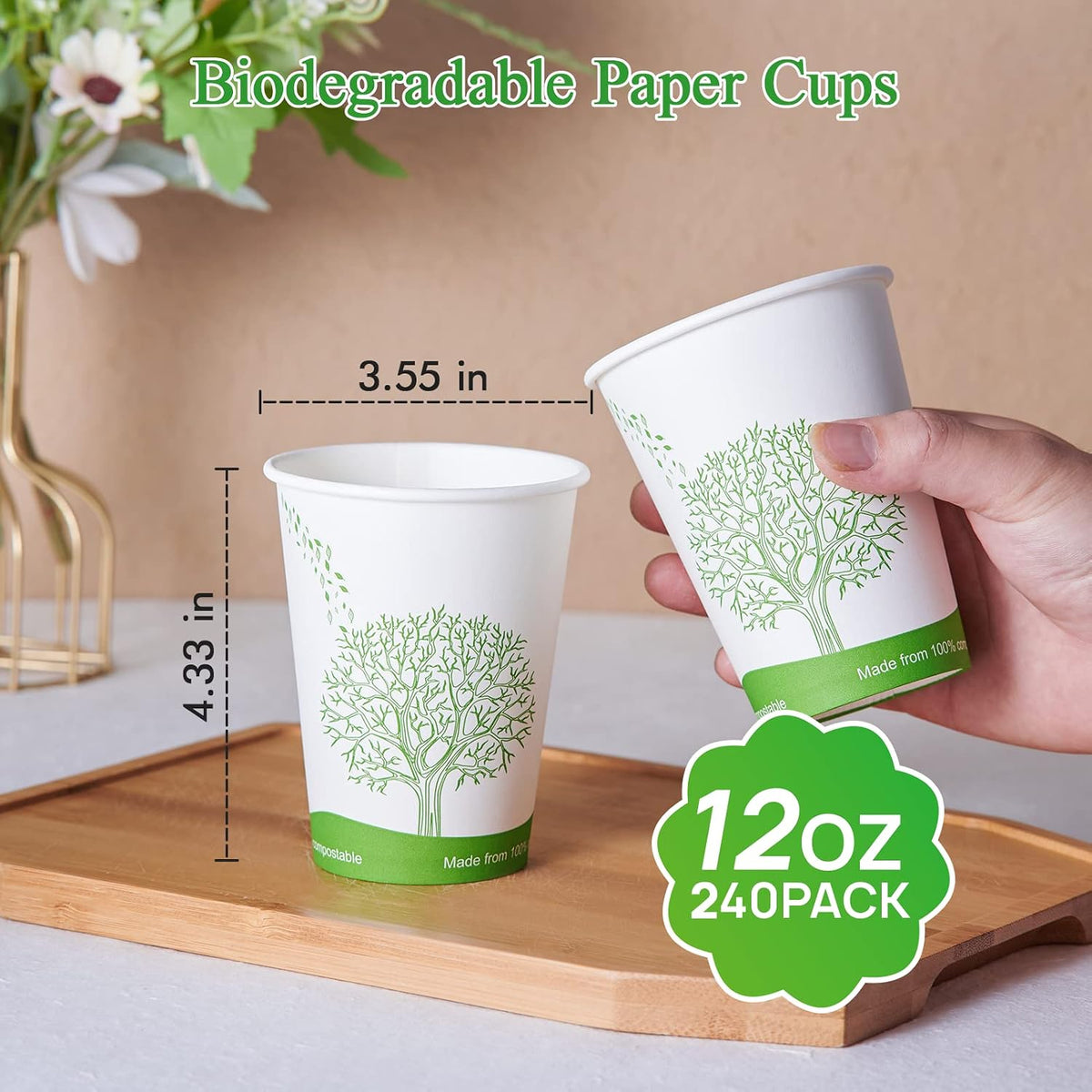 240 Count 12 oz Compostable Paper Cup, Disposable Paper Coffee Cup