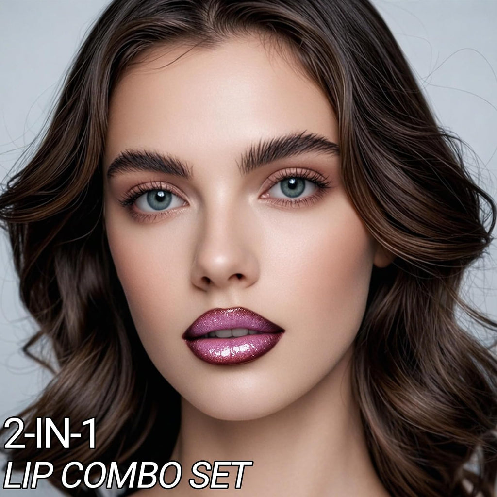 Nourishing Lip Gloss with Brown Lip Liner Lip Combo Sets, Solid Lip Gloss Jelly Lipstick High Shine, Nude Lip Kit