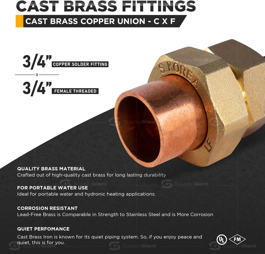 Everflow Supplies CCFU0034-NL 3/4" No Lead Copper Union Fitting with Sweat to Female Threaded Connects