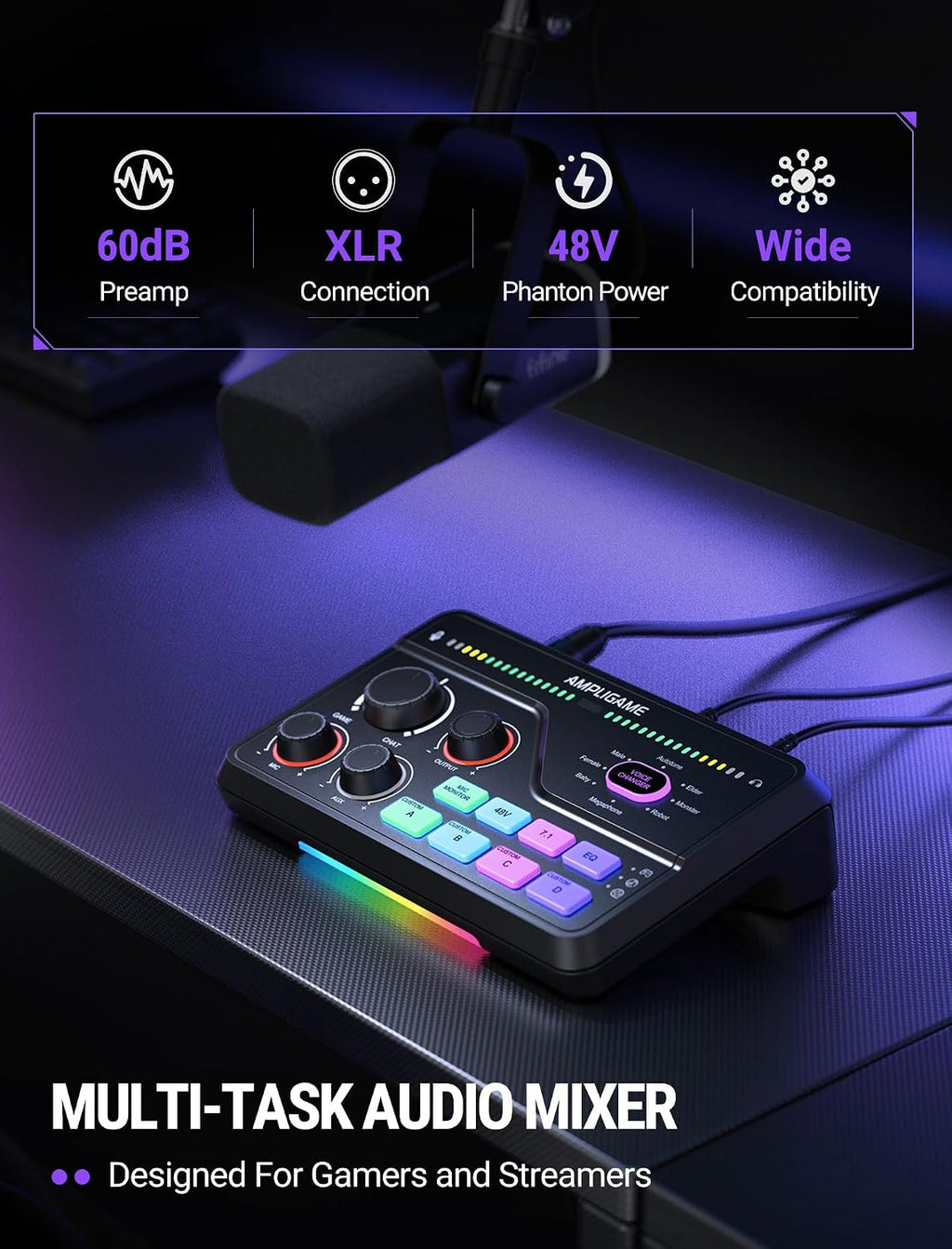 SC8 Gaming Audio Mixer for Live Streaming with 7.1ch Surround sound