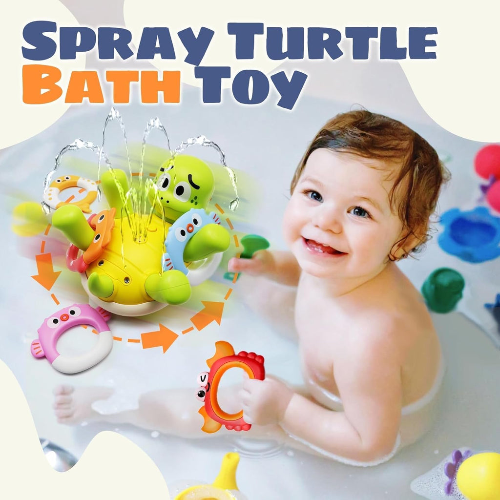 Baby Bath Toys, Rechargeable Turtle Bath Toy Sprinkler for Toddler with 5 Rings, Bathtub Fountain Spray Toy,Pool