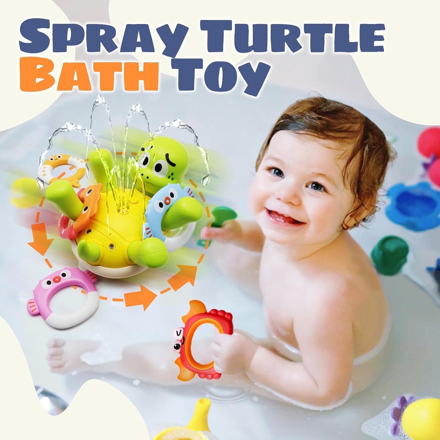 Baby Bath Toys, Rechargeable Turtle Bath Toy Sprinkler for Toddler with 5 Rings, Bathtub Fountain Spray Toy,Pool