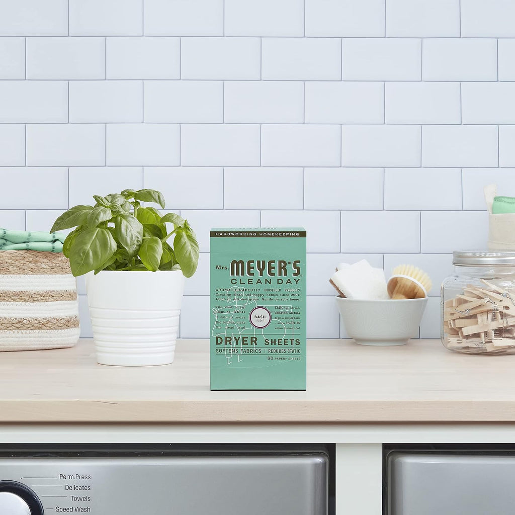 CLEAN DAY Dryer Sheets, Fabric Softener, Reduces Static, Infused with Essential Oils, Basil, 80 Count