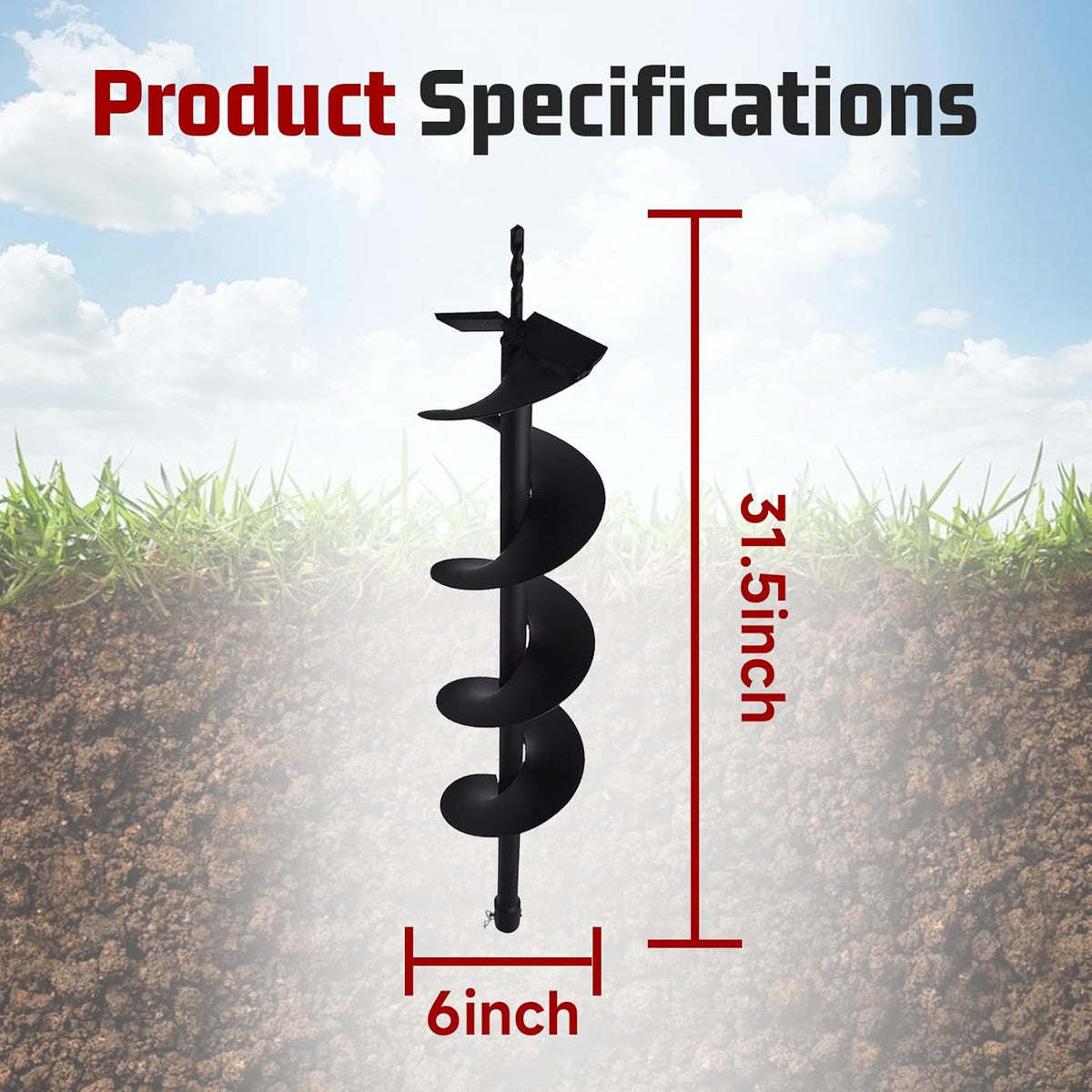 Earth Auger Drill Bits 4" 6" 8" 10" 12" for Gas Powered Post Fence Hole Digger (6inch) Hole Inner Diameter 3/4 Inch