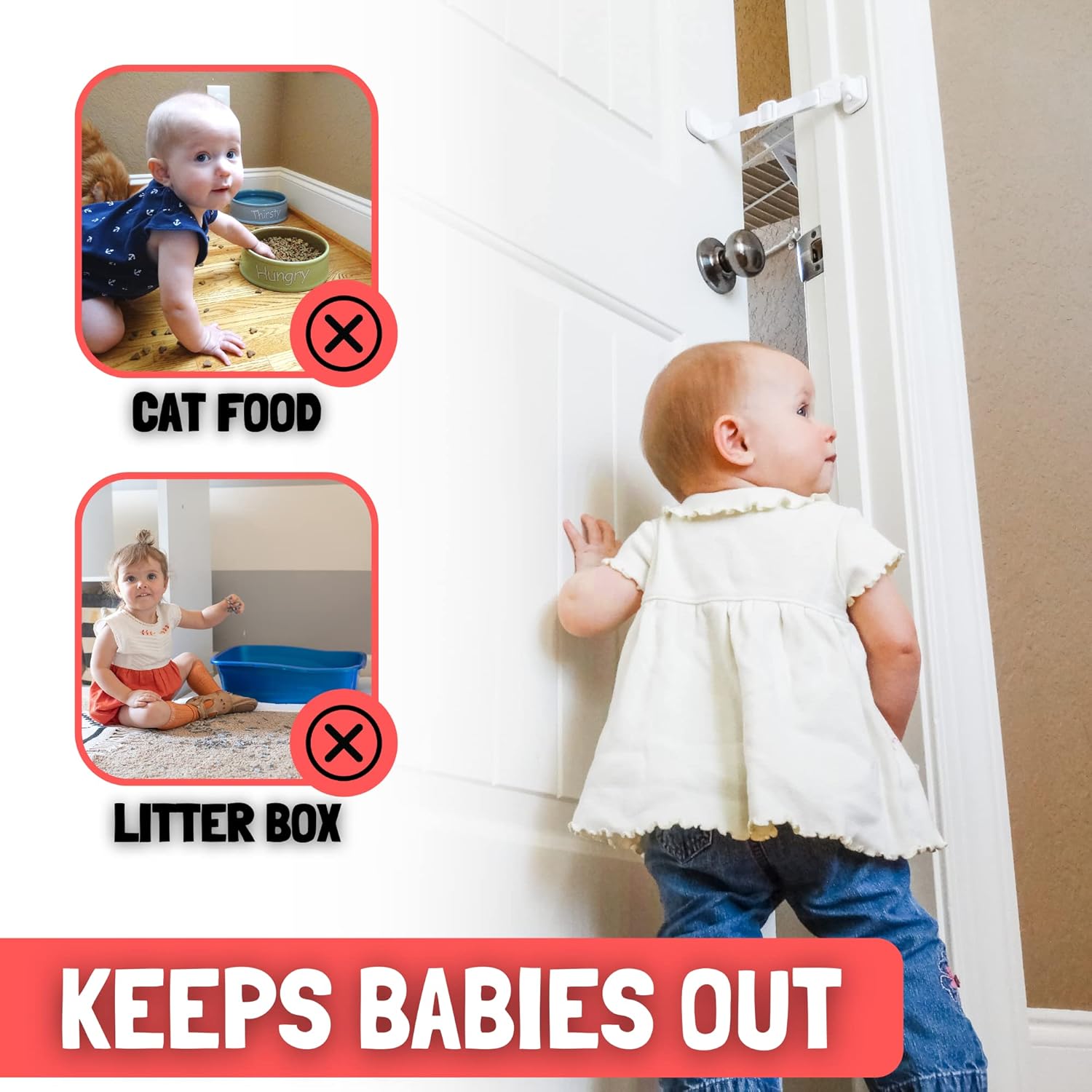 Baby & Cat Door Latch - Grey. Adjustable Strap Keeps Kids Out of Cat Areas. Simple Child Safety Lock for Doors. The