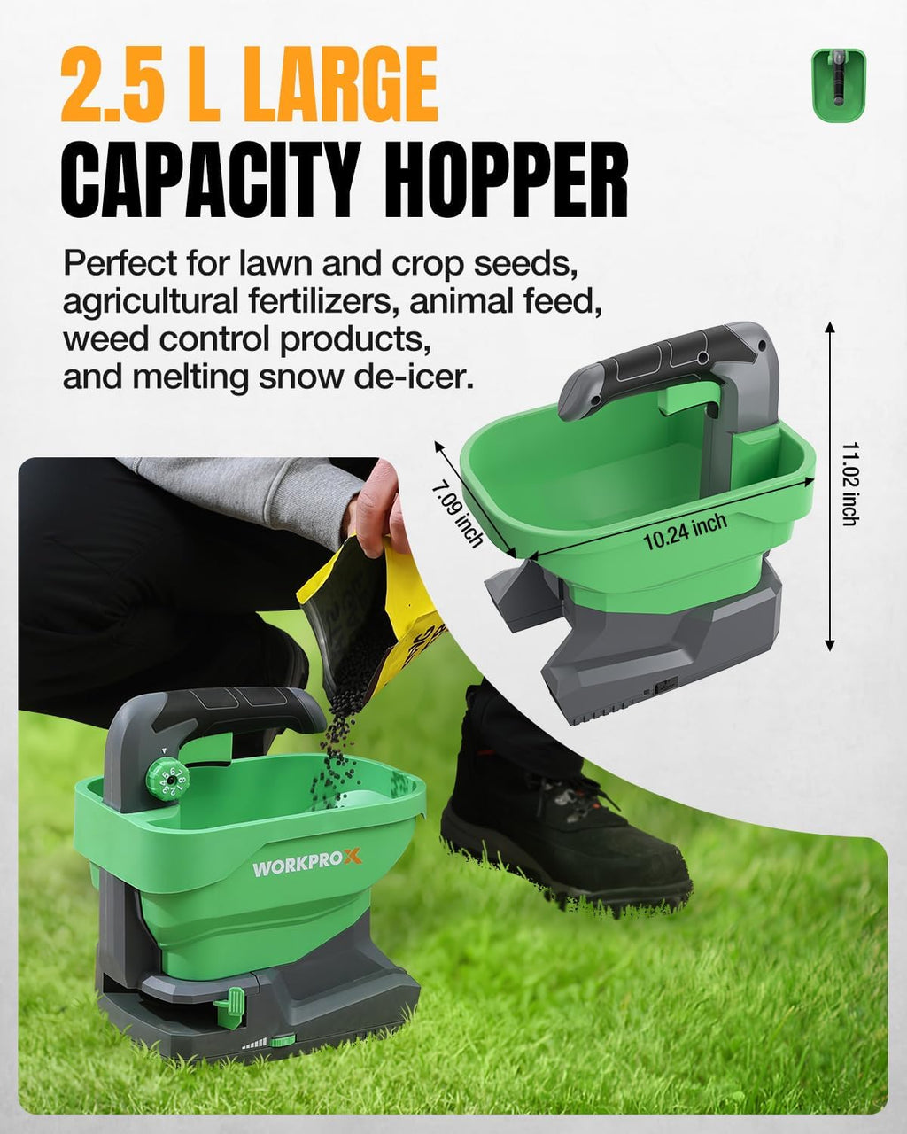 X Cordless Battery Powered 7.2V Fertilizer Spreader, 8-Level Setting | 2H Runtime, 6 Speeds, 2.5L Capacity, up to