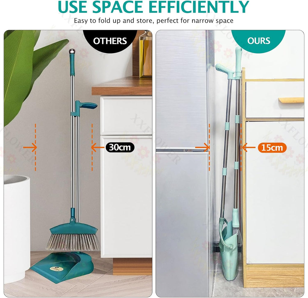 Broom and Dustpan Set with Cleaning Teeth, 55" Long Handle Indoor Sweeping Combo for Home Office Kitchen, Bluish Green
