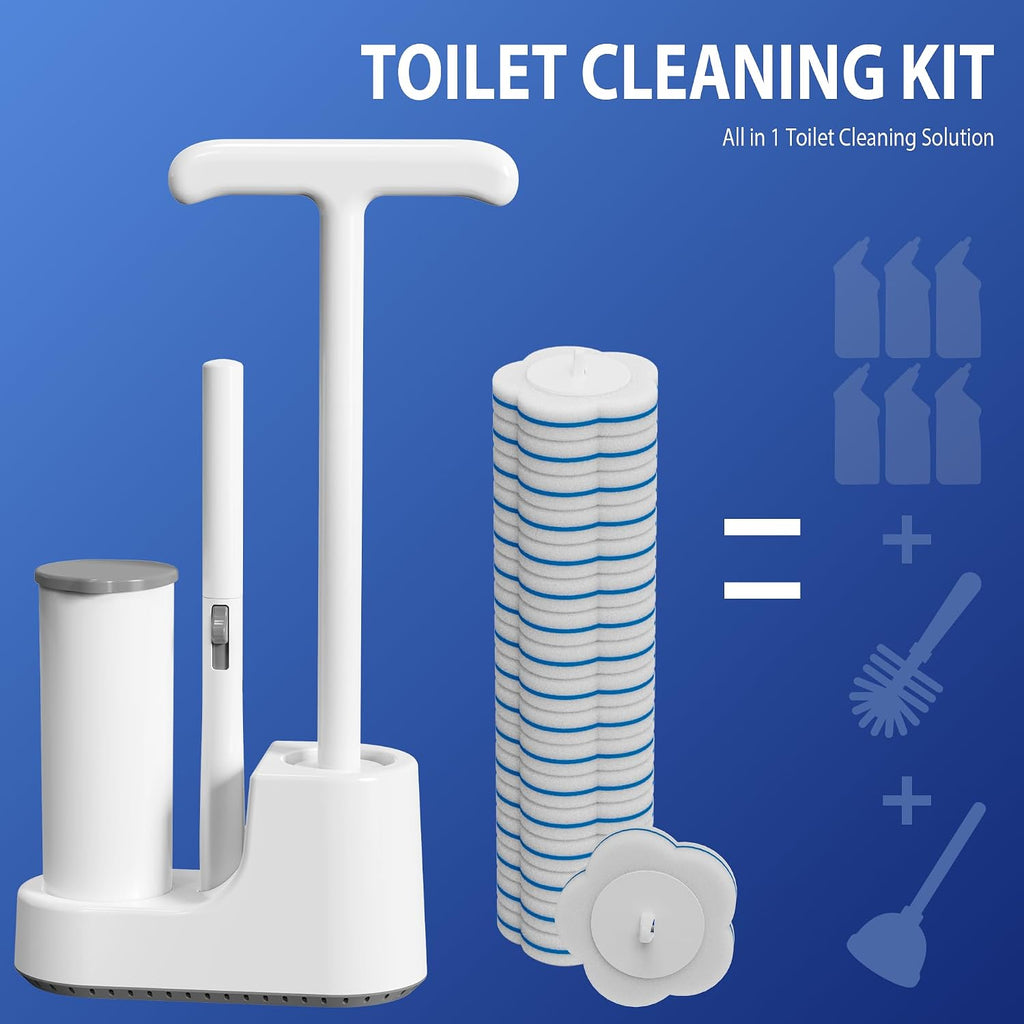 Disposable Toilet Brush and Plunger Set, Dual Handdle Toilet Plunger, All-in-1 Bathroom Cleaning Kit with 18PCS