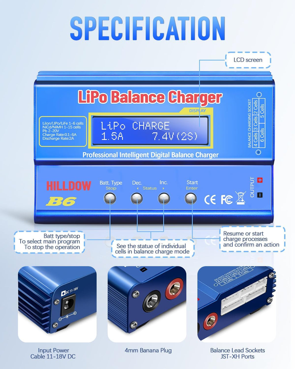B6 Battery Charger 80W Mini Lipo Balance Charger/Discharger with Power Supply for LiPo/Li-ion/Life(1-6s) NiMH/NiCd